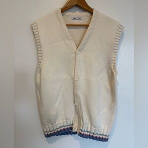 Women’s Medium Zara Cream V-Neck Button Knit Vest with Blue & Pink Hem Stripes